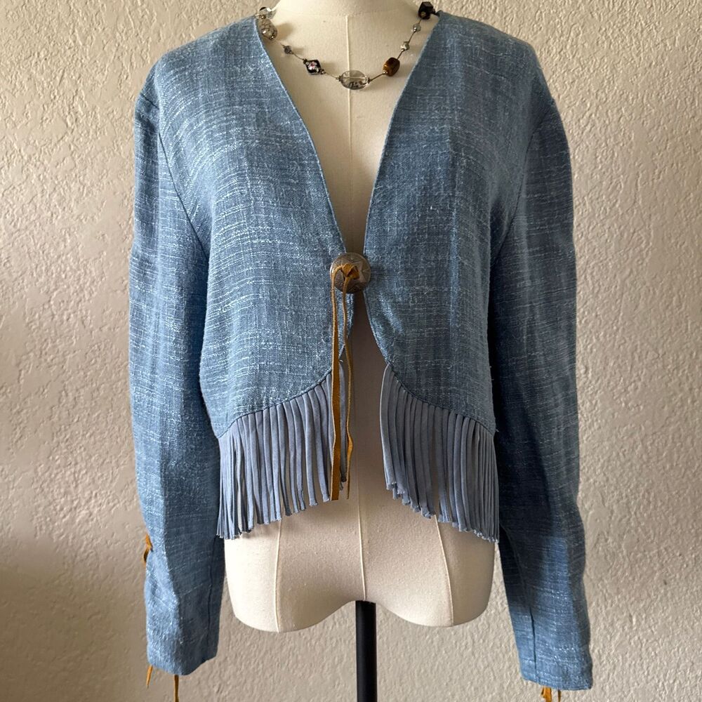 Vintage Western Crop Cardigan Blue Fringe Lightweight Itinerary Women's Size 8